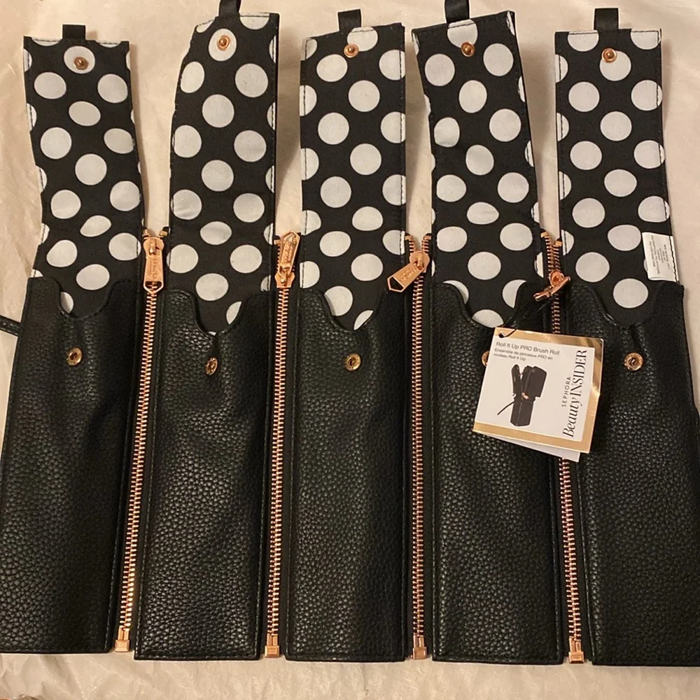 Sephora Black/White Polka Dot Roll It Up PRO Brush Roll Rose Gold Hardware NWT